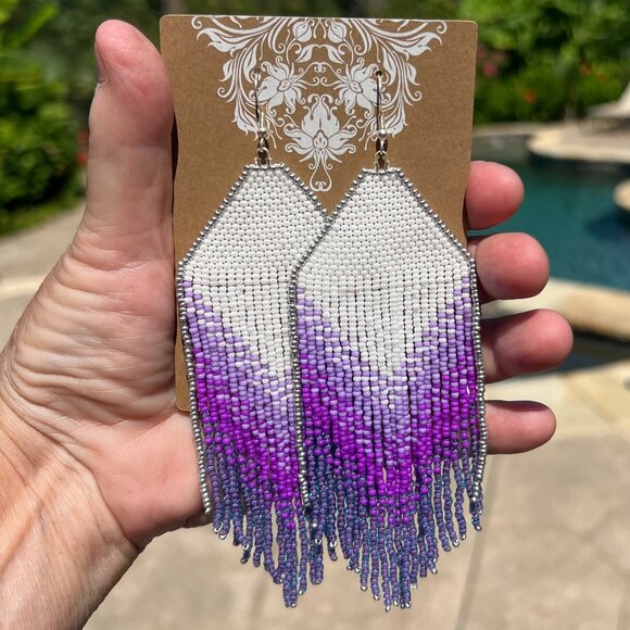 Handmade Beaded Long Sexy Fringe Dangle Drop Purple Ombre Boho Silver Earrings - Picture 3 of 7